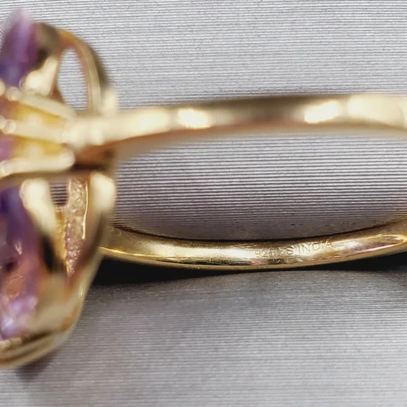 Genuine Amethyst Cluster RingYellow Gold Plated 925 Sterling Silver